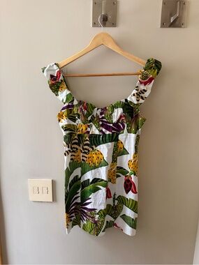 Farm Rio Tropical Print Ruffle Strap Linen Blend Mini Dress